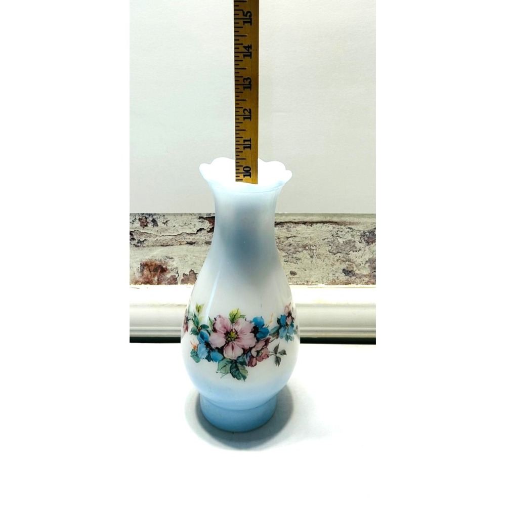 Vintage Blue Floral Glass Hurricane Oil Lamp Chimney Shade For 3" Fitter - Picture 5 of 5